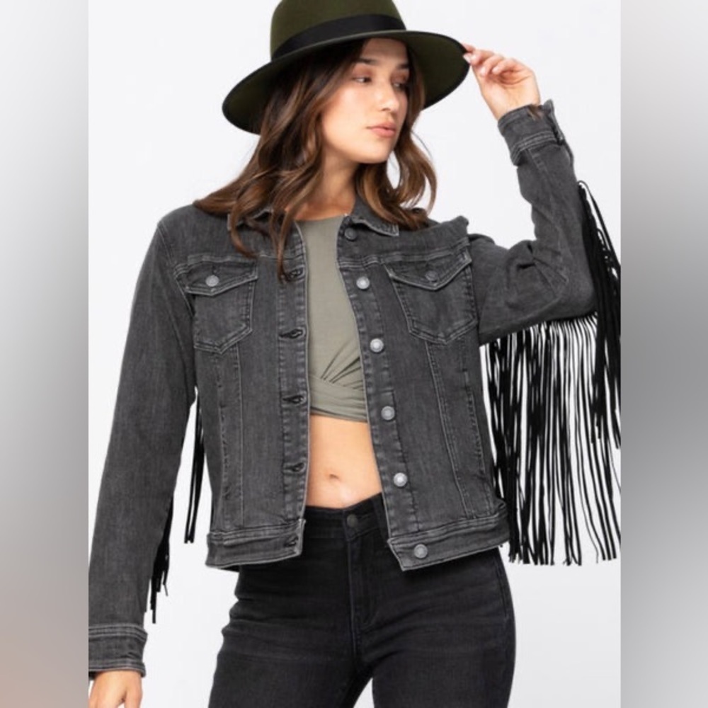 Judy Blue Black Gray Fringe Denim Jacket - Picture 3 of 11